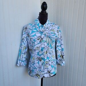 N Touch Womens Top Blazer Aqua Blue White Floral Buttons 3/4 Sleeve Stretch Sz 6